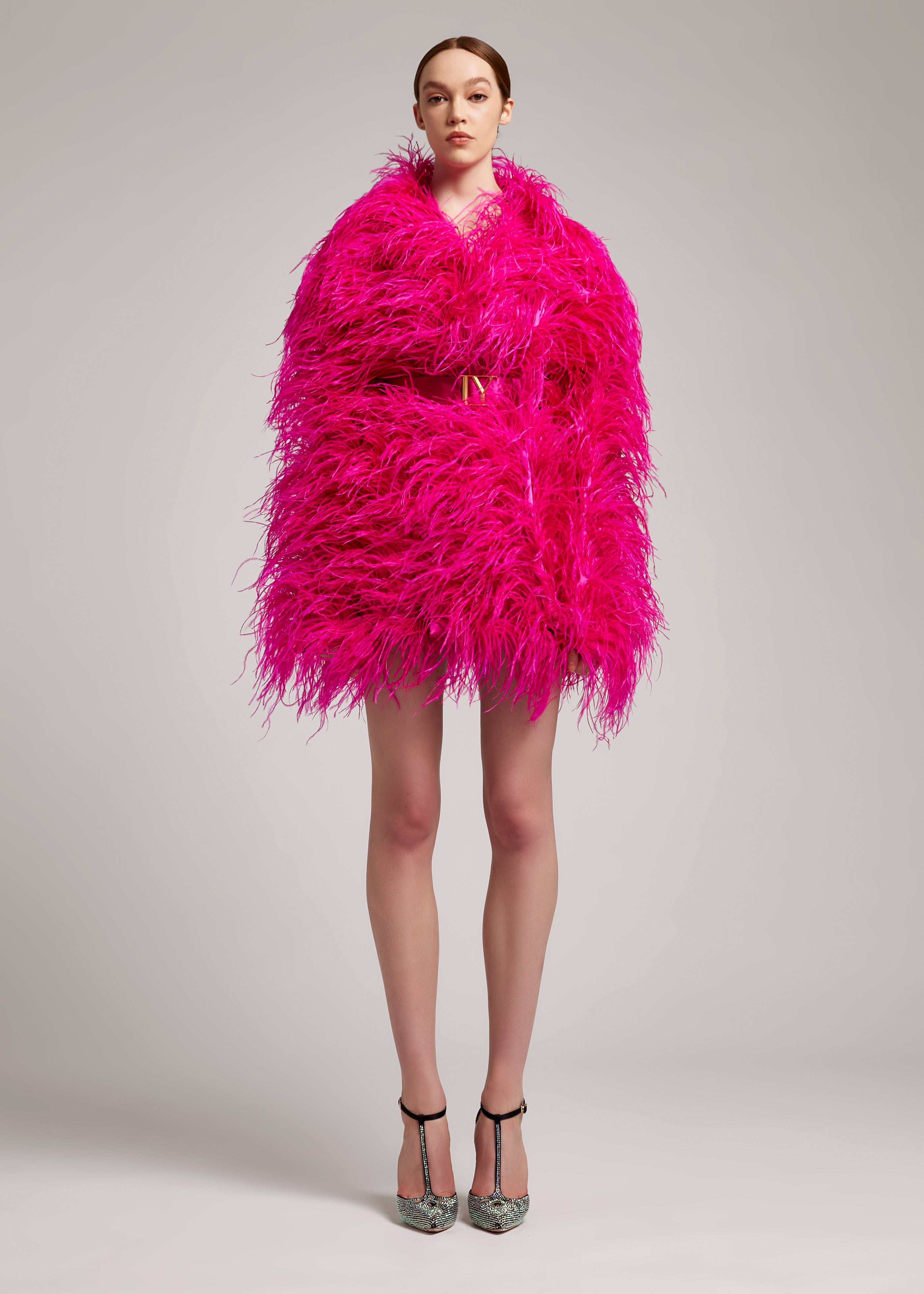 Ostrich Feather Embellished Double Breasted Coat in Raspberry Red with Logo Belt