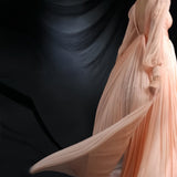 Plunging Neckline Draped Bodice Double Front Slit Silk Chiffon Dress in Blush Pink