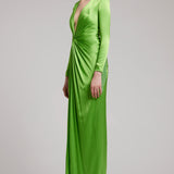 Crystal Fringe Embellished Sleeves Plunging Neckline Silk Satin Dress in Lime Green