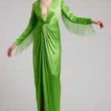 Crystal Fringe Embellished Sleeves Plunging Neckline Silk Satin Dress in Lime Green