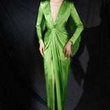 Crystal Fringe Embellished Sleeves Plunging Neckline Silk Satin Dress in Lime Green