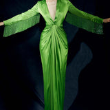 Crystal Fringe Embellished Sleeves Plunging Neckline Silk Satin Dress in Lime Green