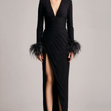 Structured Shoulder Side Ruched Long Sleeves Dress in Black