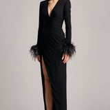 Structured Shoulder Side Ruched Long Sleeves Dress in Black