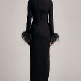 Structured Shoulder Side Ruched Long Sleeves Dress in Black