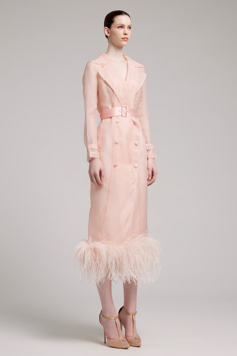 Ostrich Feather Embellished Silk Gazar Slim Midi Trench Dress in Pink