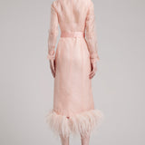 Ostrich Feather Embellished Silk Gazar Slim Midi Trench Dress in Pink