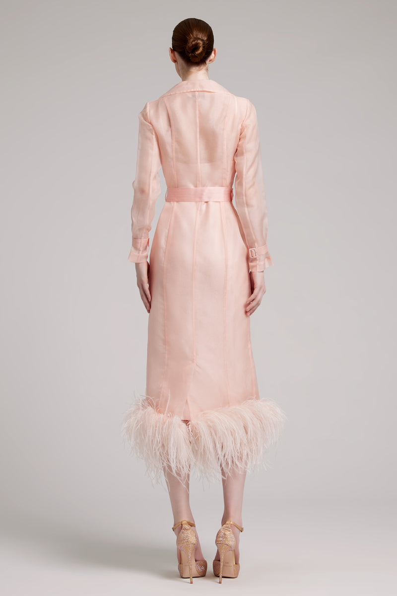 Ostrich Feather Embellished Silk Gazar Slim Midi Trench Dress in Pink