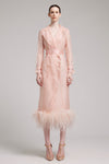 Ostrich Feather Embellished Silk Gazar Slim Midi Trench Dress in Pink