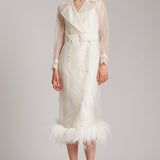 Ostrich Feather Embellished Silk Gazar Slim Midi Trench Dress in White