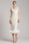 Ostrich Feather Embellished Silk Gazar Slim Midi Trench Dress in White