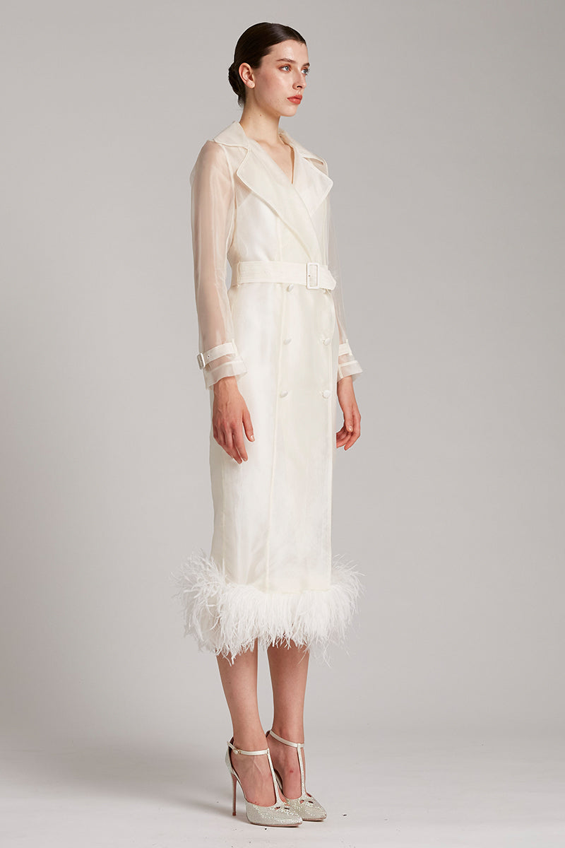 Ostrich Feather Embellished Silk Gazar Slim Midi Trench