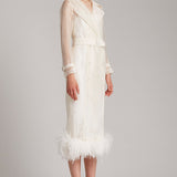 Ostrich Feather Embellished Silk Gazar Slim Midi Trench Dress in White