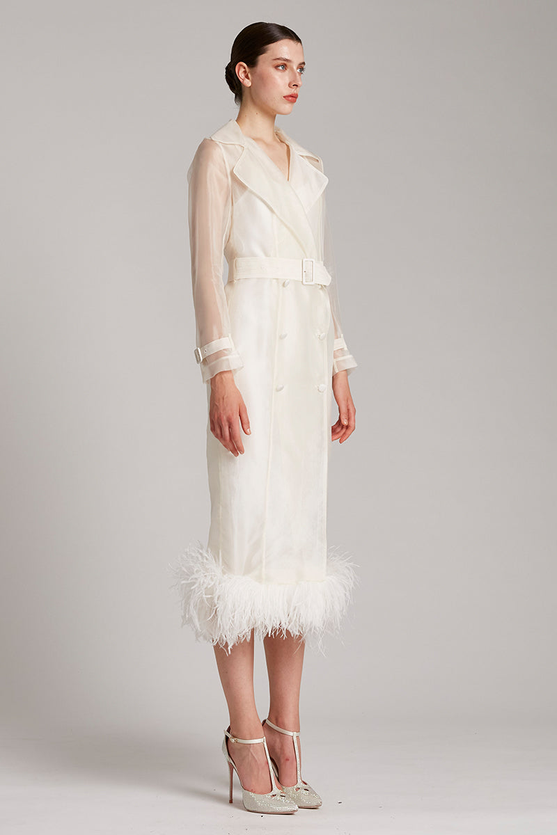 Ostrich Feather Embellished Silk Gazar Slim Midi Trench Dress in White