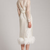 Ostrich Feather Embellished Silk Gazar Slim Midi Trench Dress in White