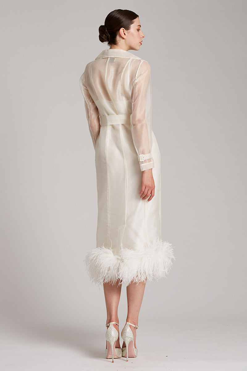 Ostrich Feather Embellished Silk Gazar Slim Midi Trench Dress in White