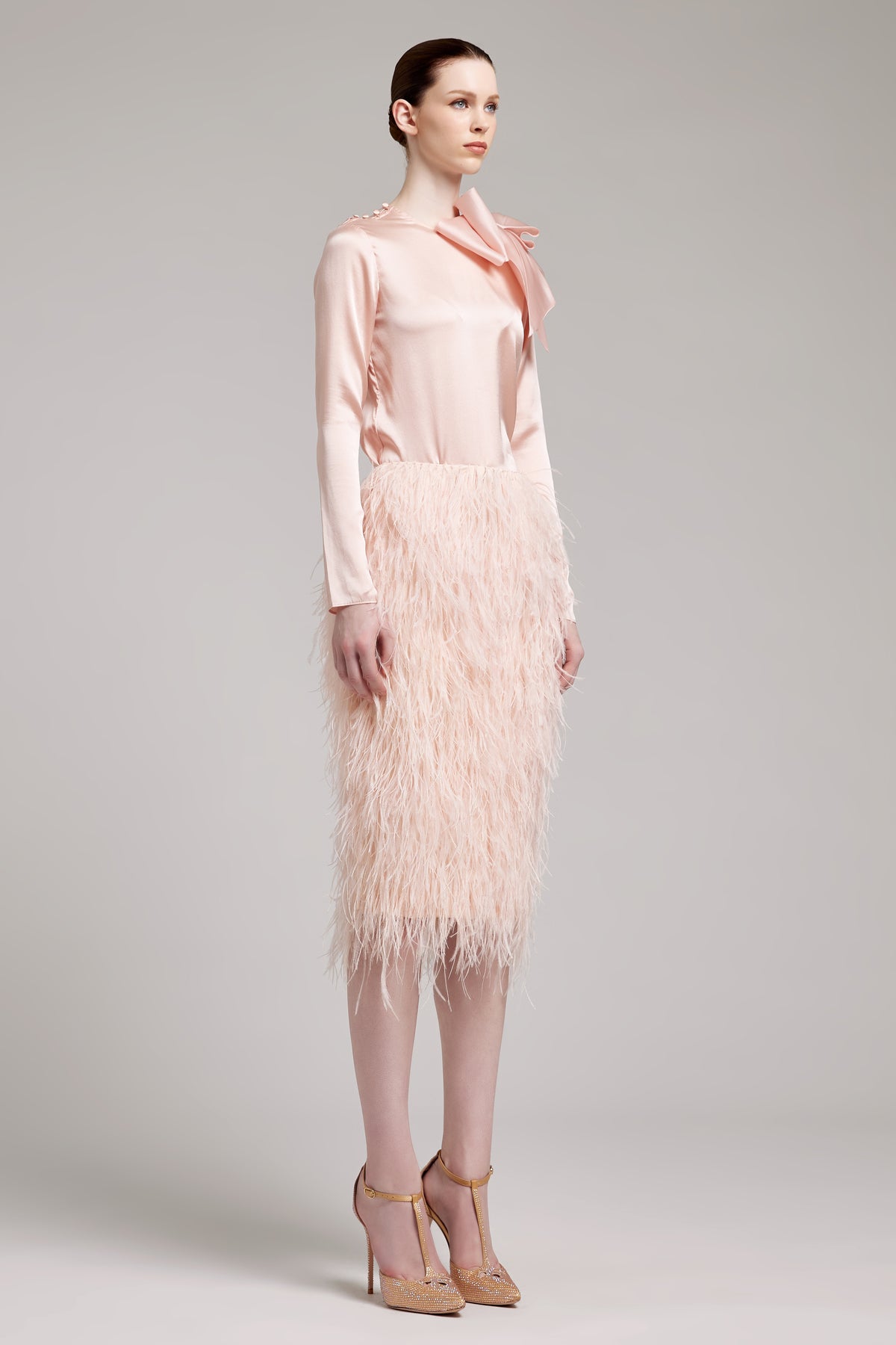 Ostrich Feather Embellished High Waisted Skirt in Baby Pink