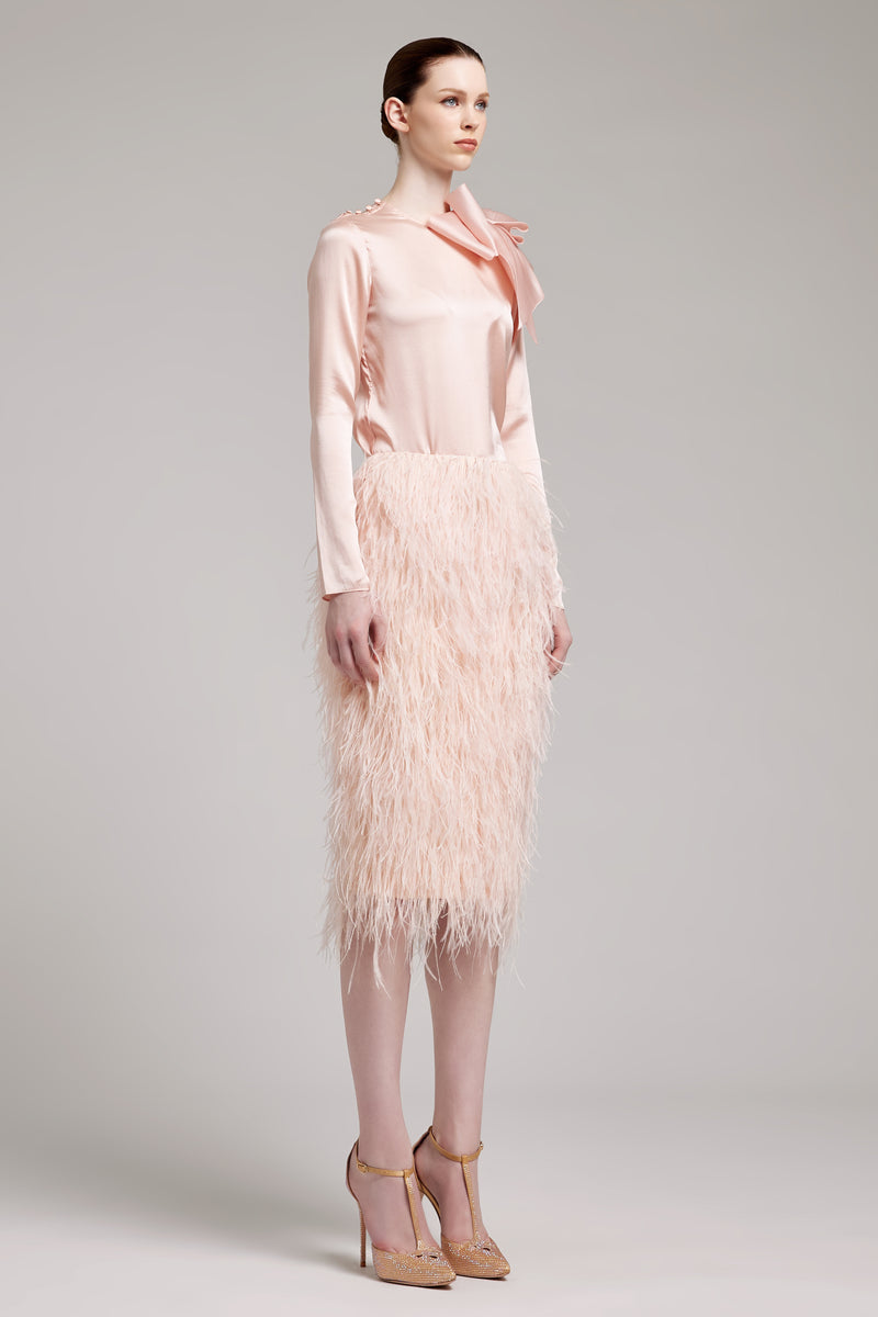 Ostrich Feather Embellished High Waisted Skirt in Baby Pink