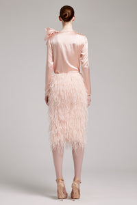 Ostrich Feather Embellished High Waisted Skirt in Baby Pink