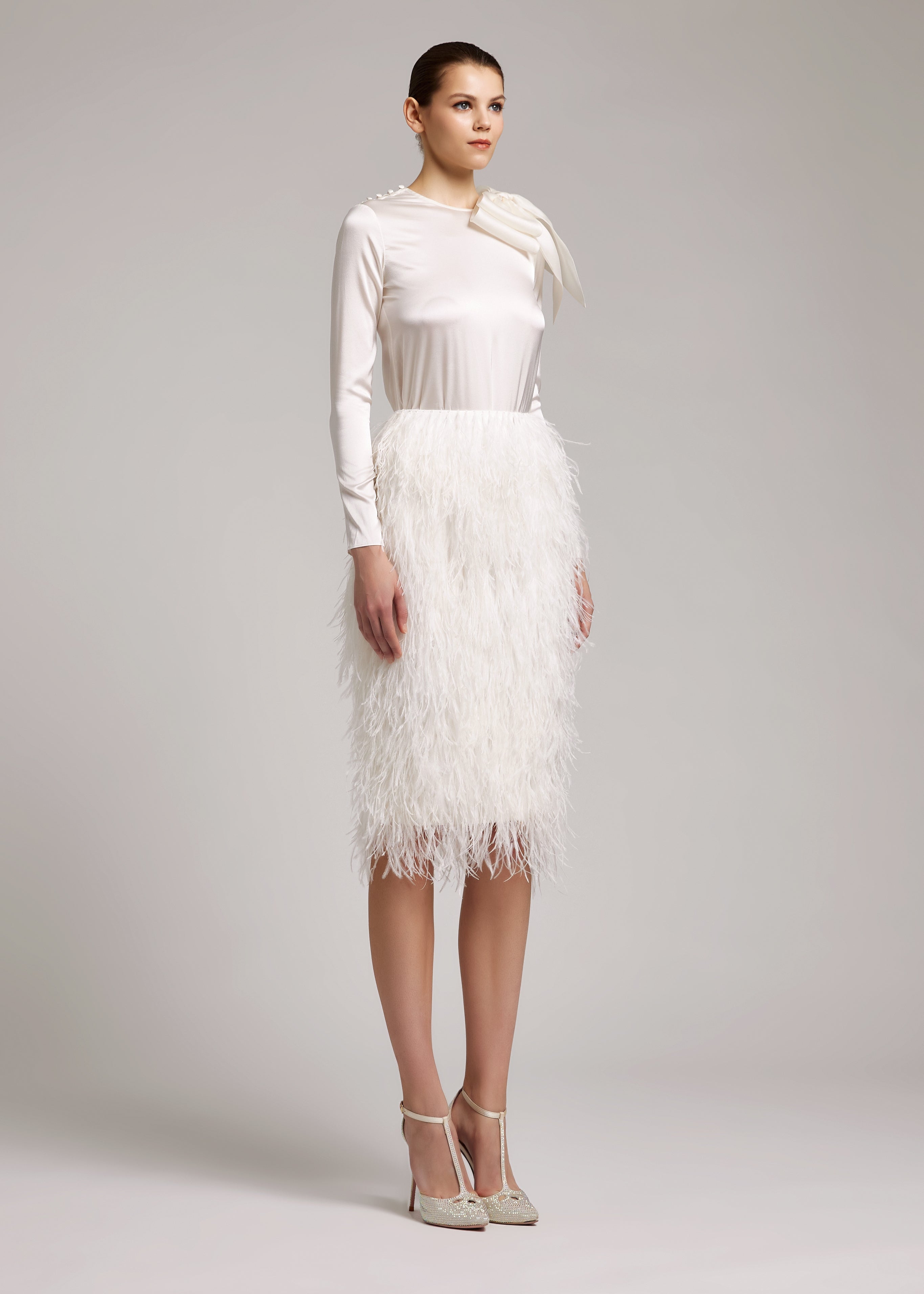 Ostrich Feather Embellished High Waisted Skirt in White IVAN YOUNG