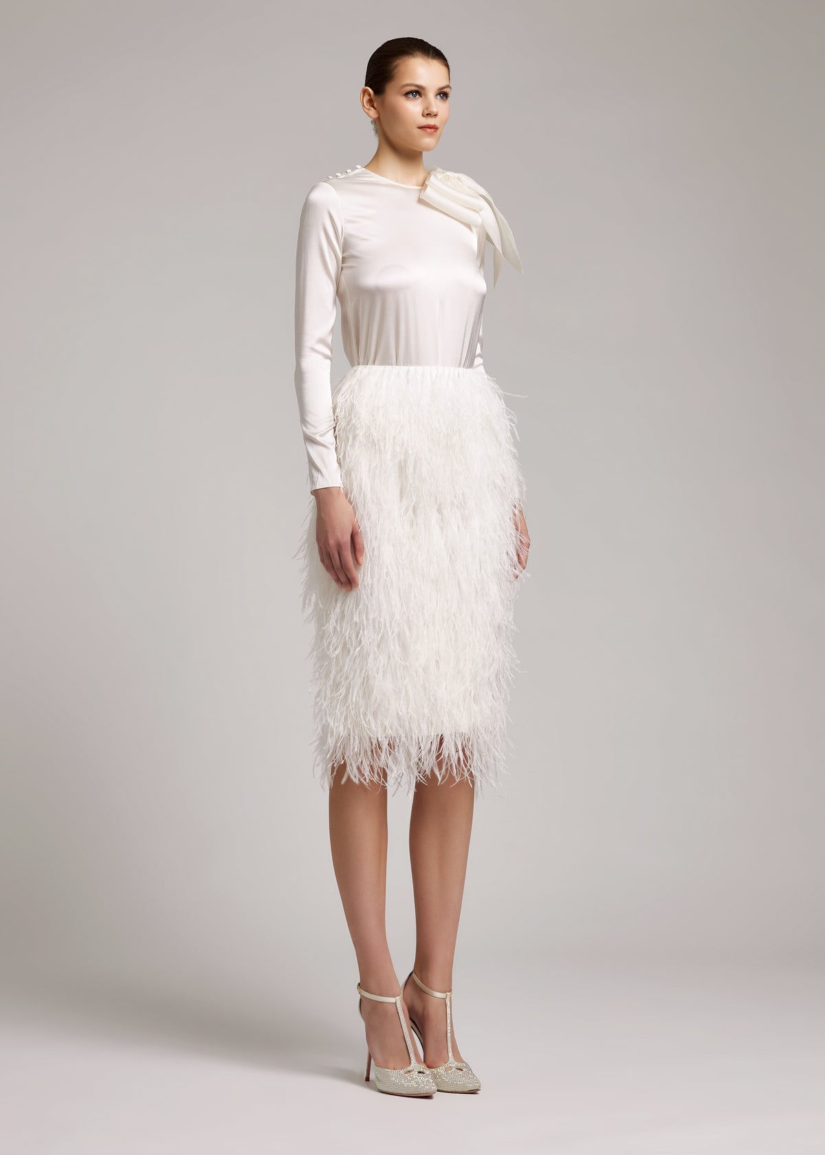 Ostrich Feather Embellished High Waisted Skirt in White