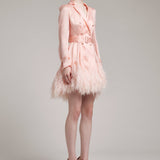 Ostrich Feathers Embellished Silk Gazar Mini Trench Dress