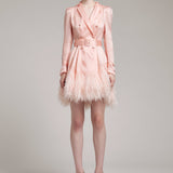Ostrich Feathers Embellished Silk Gazar Mini Trench Dress