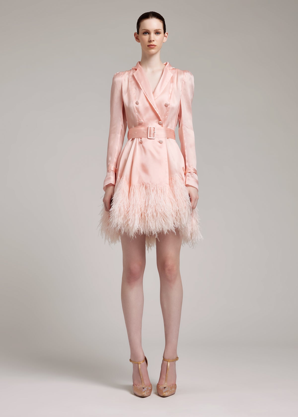 Ostrich Feathers Embellished Silk Gazar Mini Trench Dress