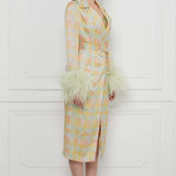 Checkered Print Ostrich Feather Embellished Sleeves Silk Gazar Trench Coat