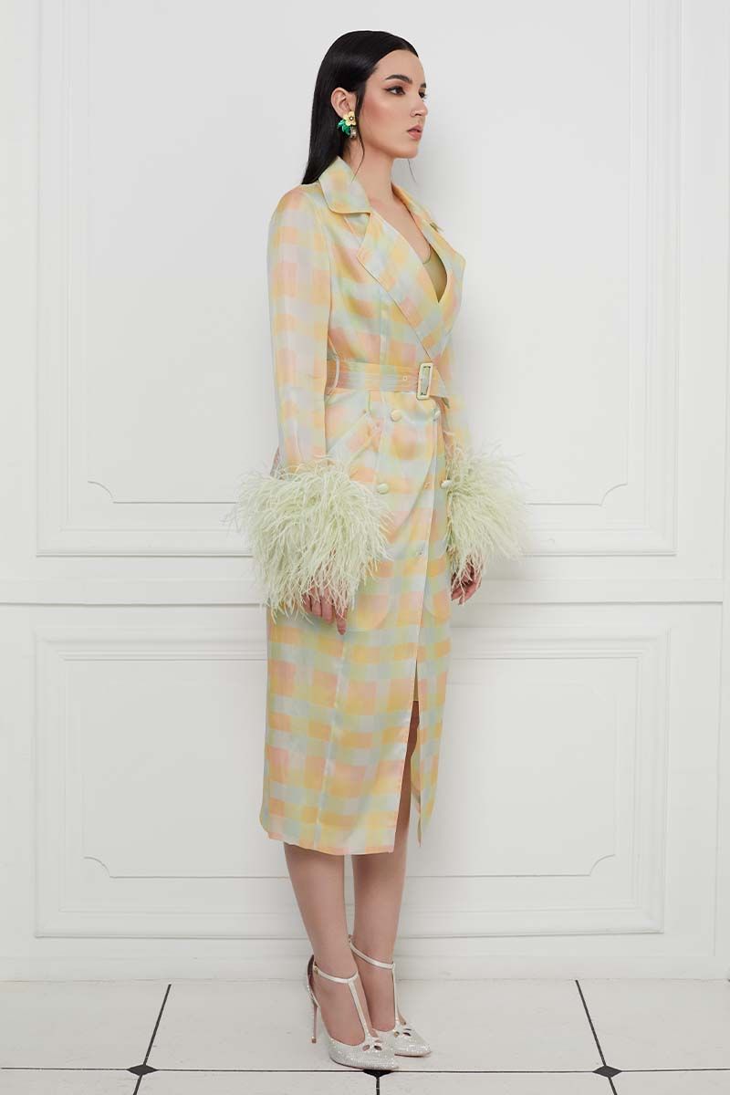 Checkered Print Ostrich Feather Embellished Sleeves Silk Gazar Trench Coat