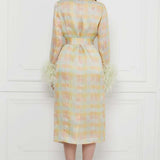 Checkered Print Ostrich Feather Embellished Sleeves Silk Gazar Trench Coat