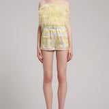 Ostrich Feather Embellished Strapless Top in Light Yellow