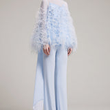 Ostrich Feather Embellished Blouse with Bell Sleeves in Baby Blue