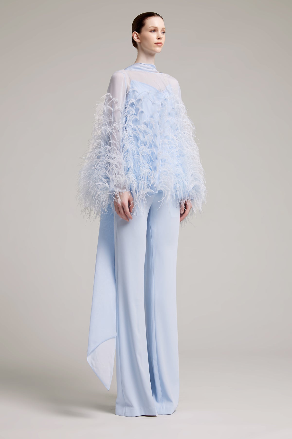 Ostrich Feather Embellished Blouse with Bell Sleeves in Baby Blue