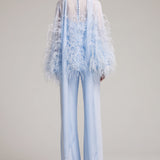 Ostrich Feather Embellished Blouse with Bell Sleeves in Baby Blue