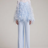 Ostrich Feather Embellished Blouse with Bell Sleeves in Baby Blue
