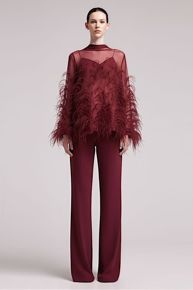 Ostrich Feather Embellished Blouse with Bell Sleeves in Maroon