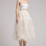 Ostrich Feather Embellished Silk Gazar Skirt in White