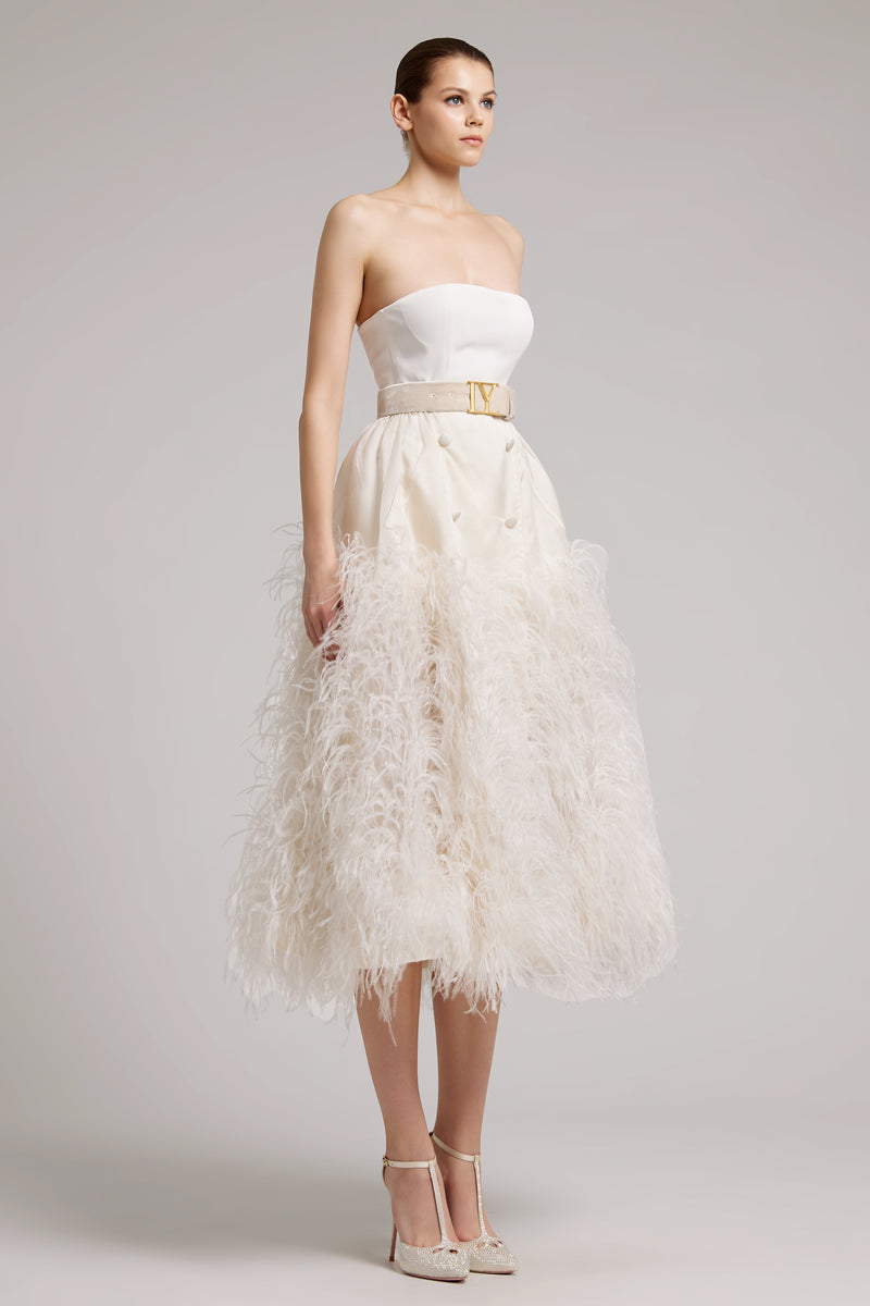 Ostrich Feather Embellished Silk Gazar Skirt in White