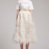 Ostrich Feather Embellished Silk Gazar Skirt in White