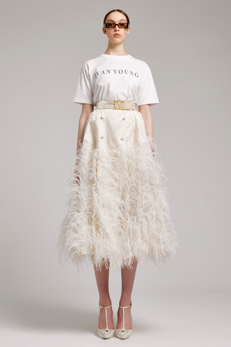 Ostrich Feather Embellished Silk Gazar Skirt in White