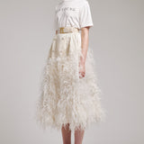 Ostrich Feather Embellished Silk Gazar Skirt in White