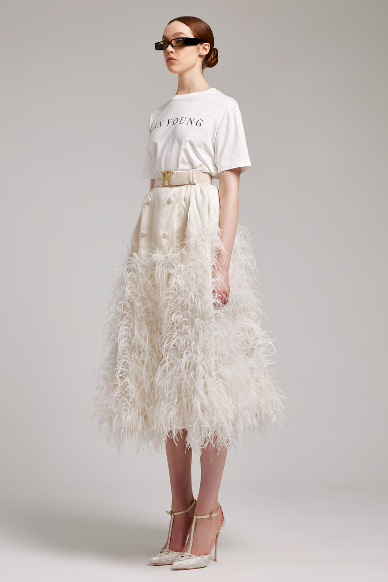 Ostrich Feather Embellished Silk Gazar Skirt in White