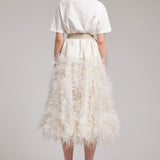 Ostrich Feather Embellished Silk Gazar Skirt in White