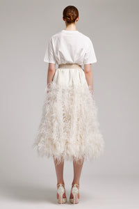 Ostrich Feather Embellished Silk Gazar Skirt in White