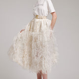 Ostrich Feather Embellished Silk Gazar Skirt in White