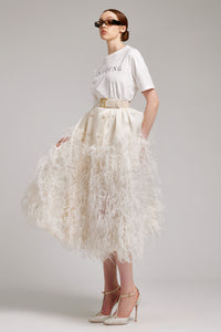 Ostrich Feather Embellished Silk Gazar Skirt in White