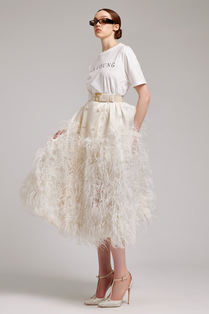 Ostrich Feather Embellished Silk Gazar Skirt in White