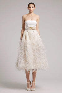 Ostrich Feather Embellished Silk Gazar Skirt in White