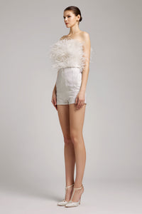 Ostrich Feather Embellished Strapless Top in White